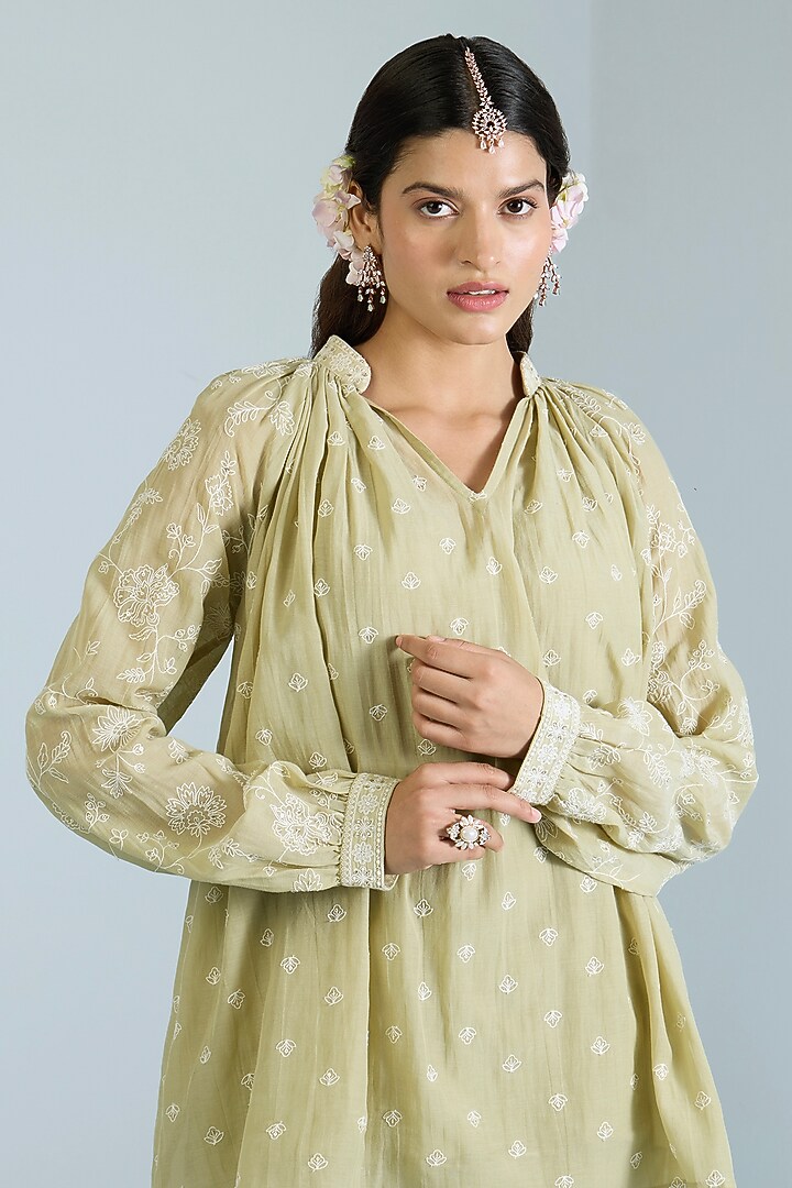 Pistachio Green Pure Chanderi Hand Embroidered Co-Ord Set by Vidhi By A La Mode at Pernia's Pop Up Shop