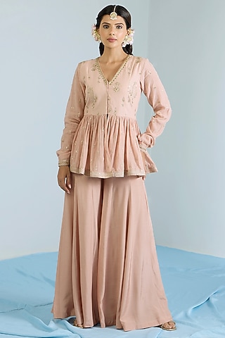 Salmon Pink Pure Chanderi Hand Embroidered Pant Set by Vidhi By A La Mode