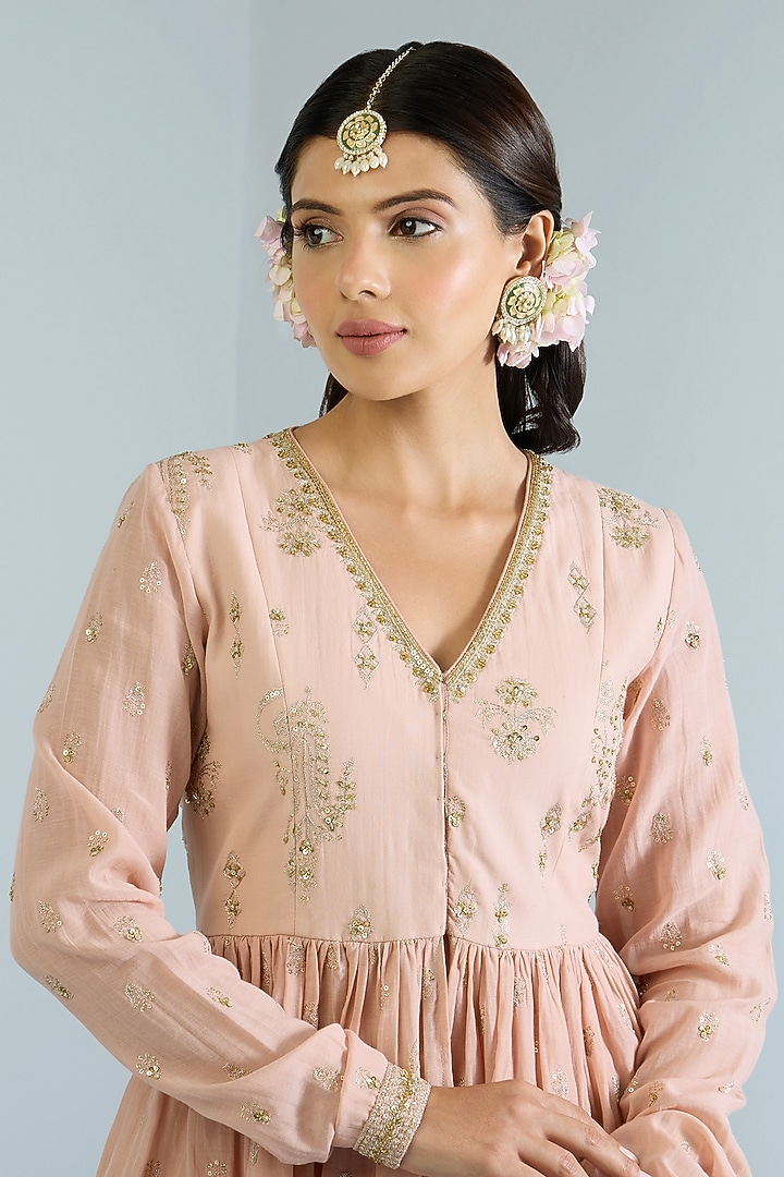 Salmon Pink Pure Chanderi Hand Embroidered Pant Set by Vidhi By A La Mode at Pernia's Pop Up Shop
