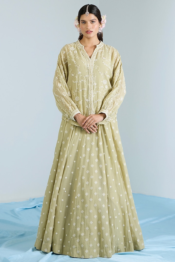 Pistachio Green Pure Chanderi Hand Embroidered Lehenga Set by Vidhi By A La Mode at Pernia's Pop Up Shop