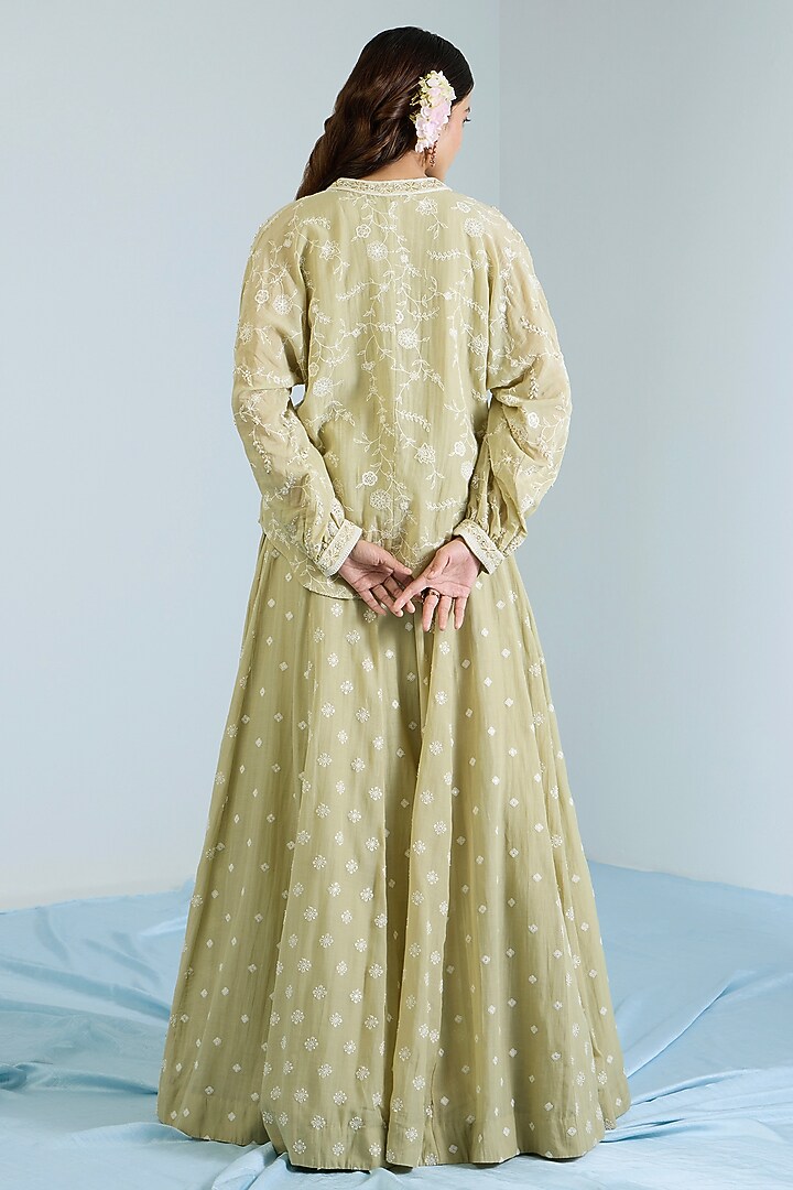 Pistachio Green Pure Chanderi Hand Embroidered Lehenga Set by Vidhi By A La Mode at Pernia's Pop Up Shop