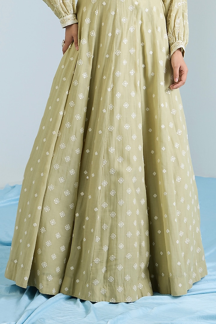 Pistachio Green Pure Chanderi Hand Embroidered Lehenga Set by Vidhi By A La Mode at Pernia's Pop Up Shop