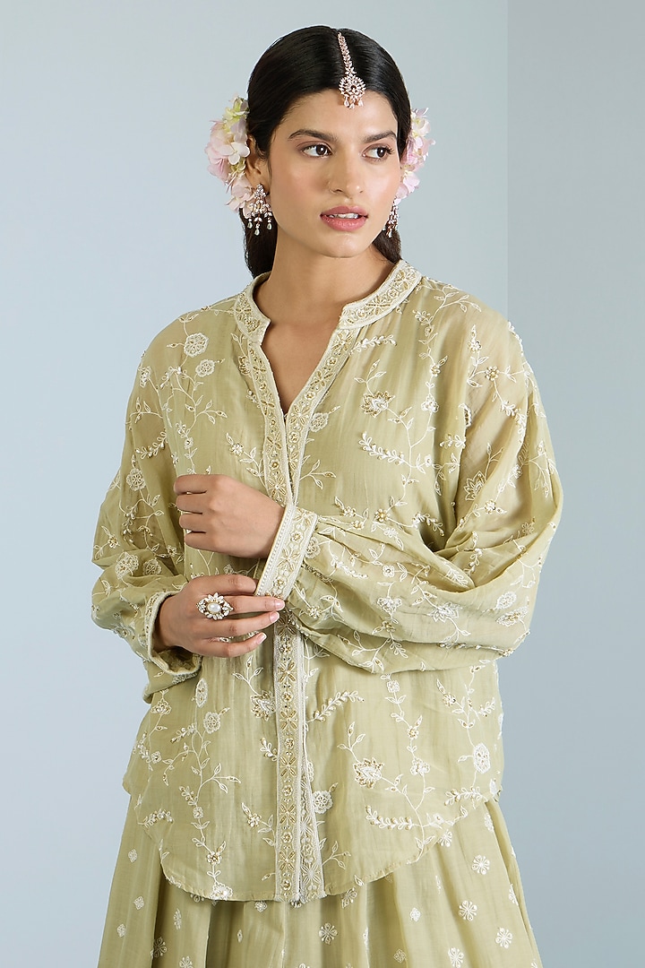 Pistachio Green Pure Chanderi Hand Embroidered Lehenga Set by Vidhi By A La Mode at Pernia's Pop Up Shop