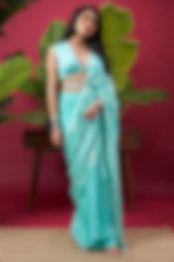 Aqua Blue Chinon Digital Printed Draped Party Wear Saree Set by Vidhi By A La Mode at Pernia's Pop Up Shop