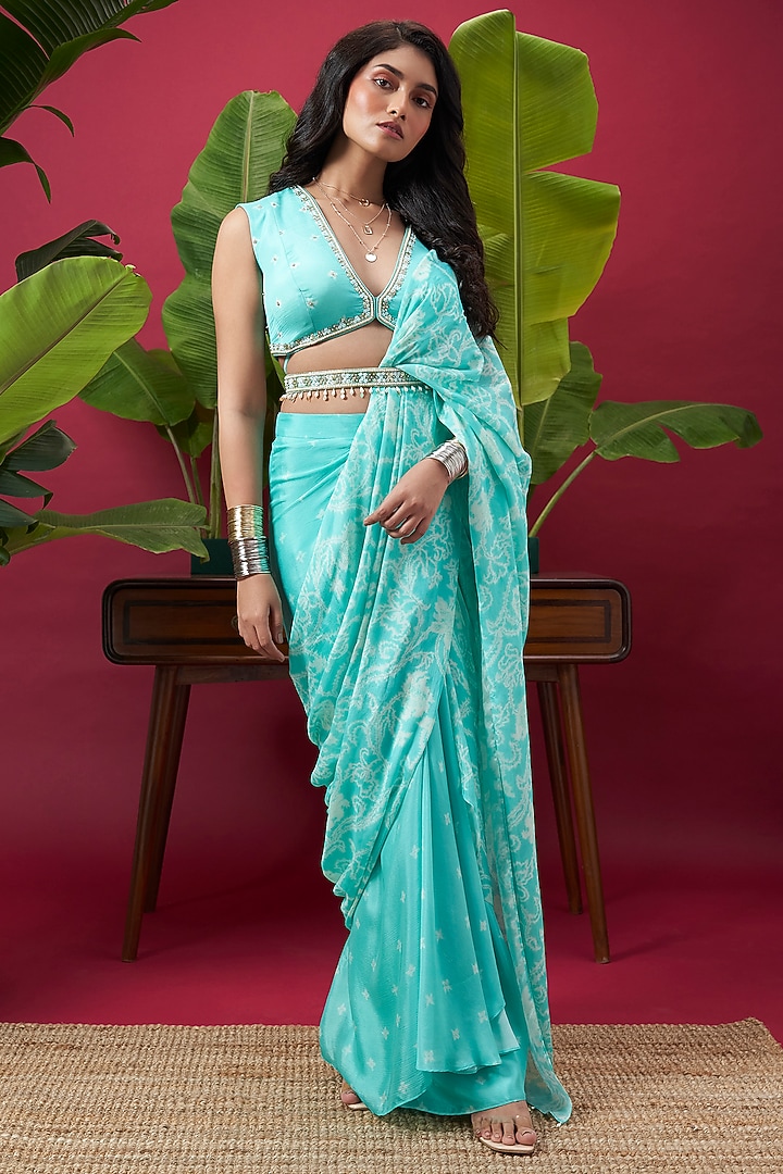 Aqua Blue Chinon Digital Printed Draped Party Wear Saree Set by Vidhi By A La Mode at Pernia's Pop Up Shop