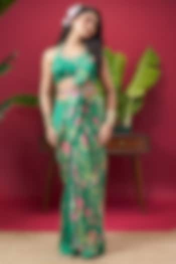 Green Chinon Floral Printed Pre-Stitched Draped Party Wear Saree Set by Vidhi By A La Mode at Pernia's Pop Up Shop