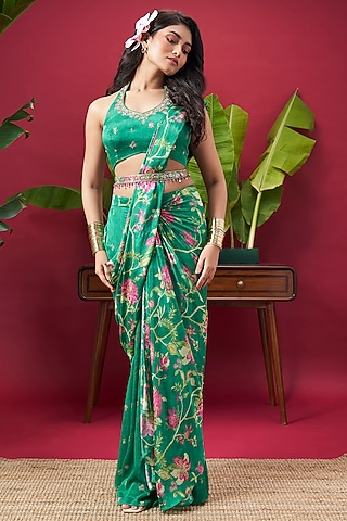 Green Chinon Floral Printed Pre-Stitched Draped Saree Set by Vidhi By A La Mode