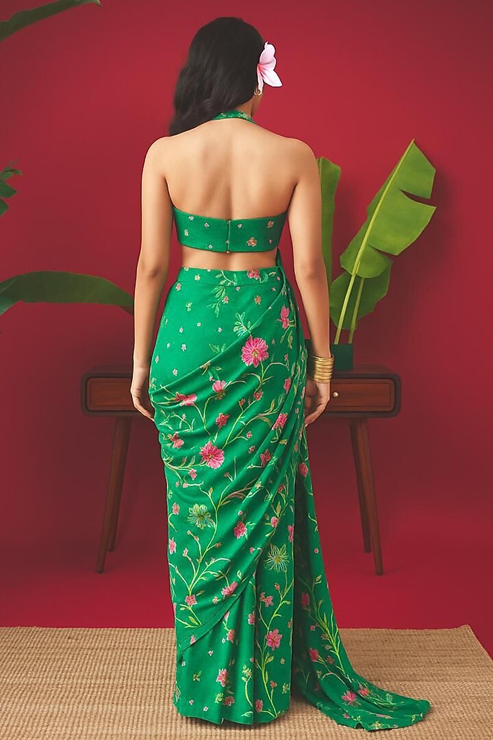 Green Chinon Floral Printed Pre-Stitched Draped Party Wear Saree Set by Vidhi By A La Mode at Pernia's Pop Up Shop