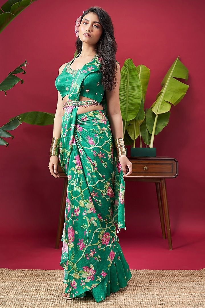Green Chinon Floral Printed Pre-Stitched Draped Party Wear Saree Set by Vidhi By A La Mode at Pernia's Pop Up Shop