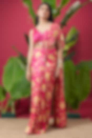 Hot Pink Chinon Floral Embroidered Draped Party Wear Saree Set by Vidhi By A La Mode at Pernia's Pop Up Shop
