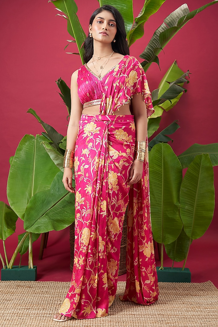 Hot Pink Chinon Floral Embroidered Draped Party Wear Saree Set by Vidhi By A La Mode at Pernia's Pop Up Shop
