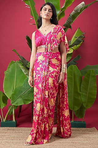 Hot Pink Chinon Floral Embroidered Draped Saree Set by Vidhi By A La Mode