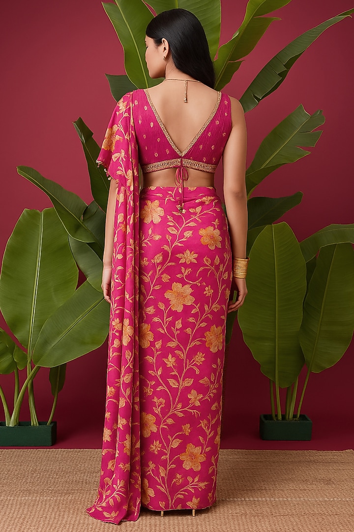 Hot Pink Chinon Floral Embroidered Draped Party Wear Saree Set by Vidhi By A La Mode at Pernia's Pop Up Shop