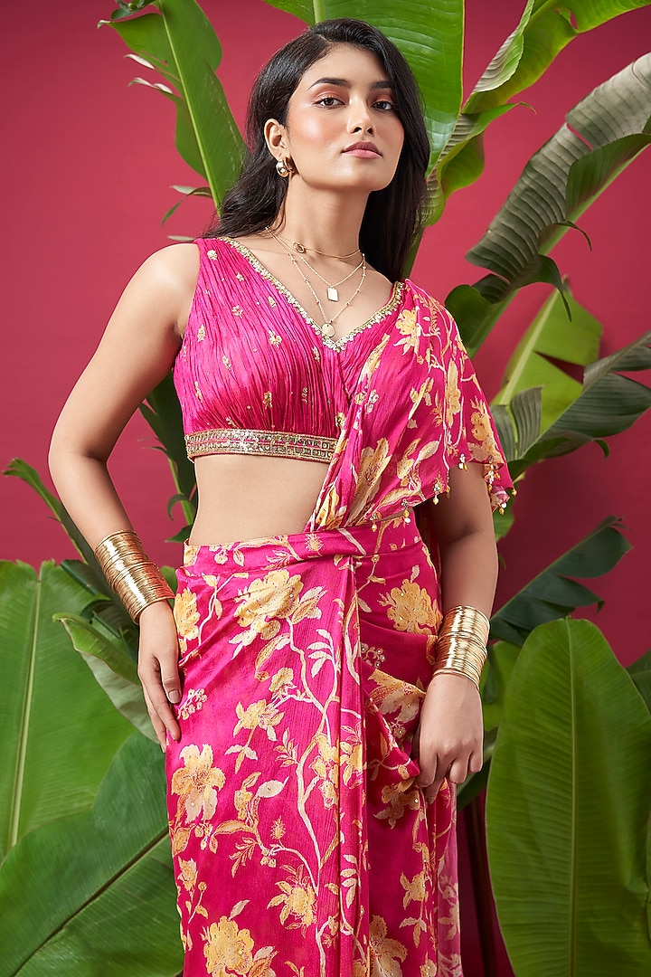 Hot Pink Chinon Floral Embroidered Draped Party Wear Saree Set by Vidhi By A La Mode at Pernia's Pop Up Shop