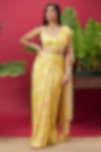 Yellow Chinon Floral Printed Pre-Draped Party Wear Saree Set by Vidhi By A La Mode at Pernia's Pop Up Shop