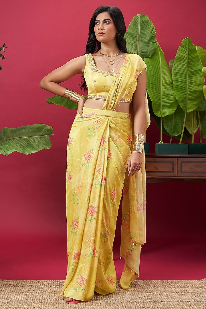 Yellow Chinon Floral Printed Pre-Draped Party Wear Saree Set by Vidhi By A La Mode at Pernia's Pop Up Shop