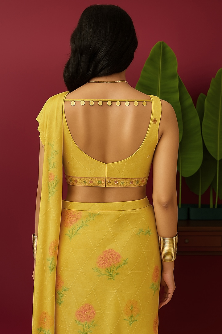 Yellow Chinon Floral Printed Pre-Draped Party Wear Saree Set by Vidhi By A La Mode at Pernia's Pop Up Shop