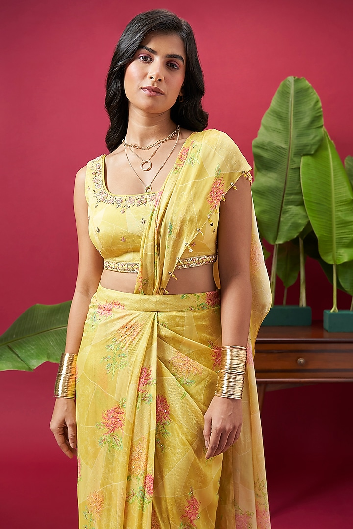 Yellow Chinon Floral Printed Pre-Draped Party Wear Saree Set by Vidhi By A La Mode at Pernia's Pop Up Shop