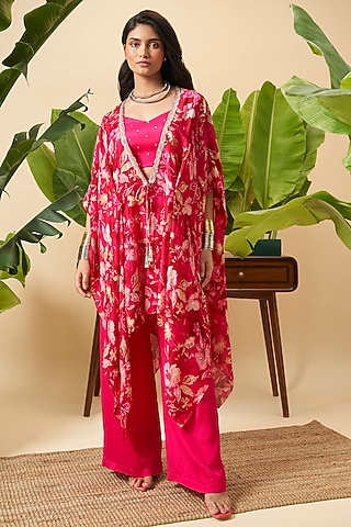 Fuchsia Chinono Floral Printed Kaftan-Style Jacket Set by Vidhi By A La Mode