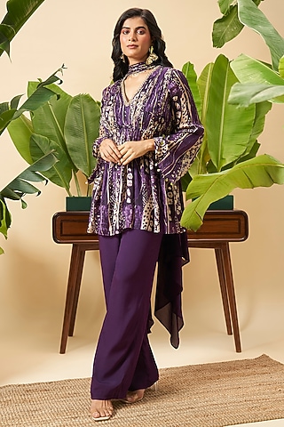 Purple Chinon Wide-Leg Pant Set by Vidhi By A La Mode