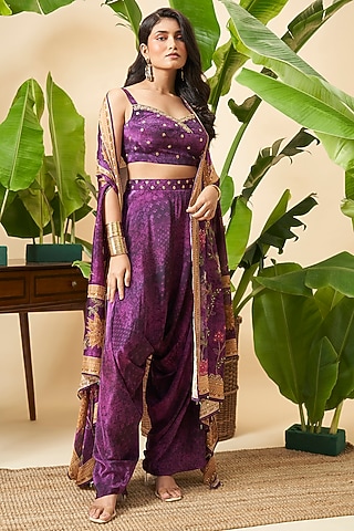 Purple Chinon Printed Cape Set by Vidhi By A La Mode