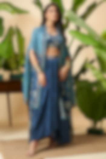 Teal Blue Chinon Digital Printed Cape Set by Vidhi By A La Mode at Pernia's Pop Up Shop