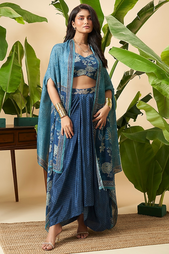 Teal Blue Chinon Digital Printed Cape Set by Vidhi By A La Mode at Pernia's Pop Up Shop
