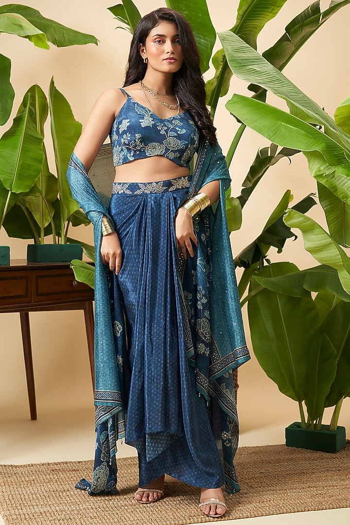 Teal Blue Chinon Digital Printed Cape Set by Vidhi By A La Mode at Pernia's Pop Up Shop