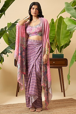 Pink Chinon Digital Printed Cape Set by Vidhi By A La Mode