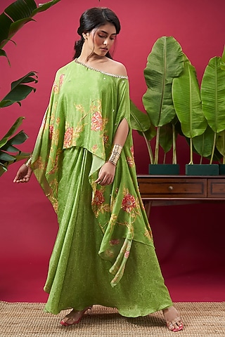 Lime Green Chinon Digital Printed Skirt Set by Vidhi By A La Mode