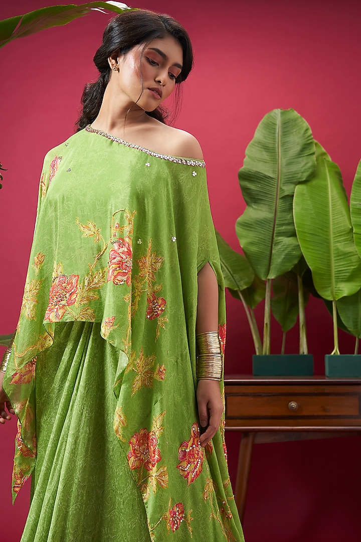 Lime Green Chinon Digital Printed Skirt Set by Vidhi By A La Mode at Pernia's Pop Up Shop