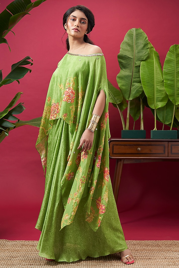 Lime Green Chinon Digital Printed Skirt Set by Vidhi By A La Mode at Pernia's Pop Up Shop