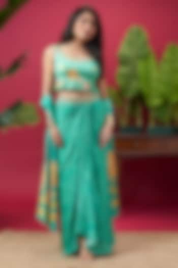 Turquoise Chinon Draped Skirt Set by Vidhi By A La Mode at Pernia's Pop Up Shop