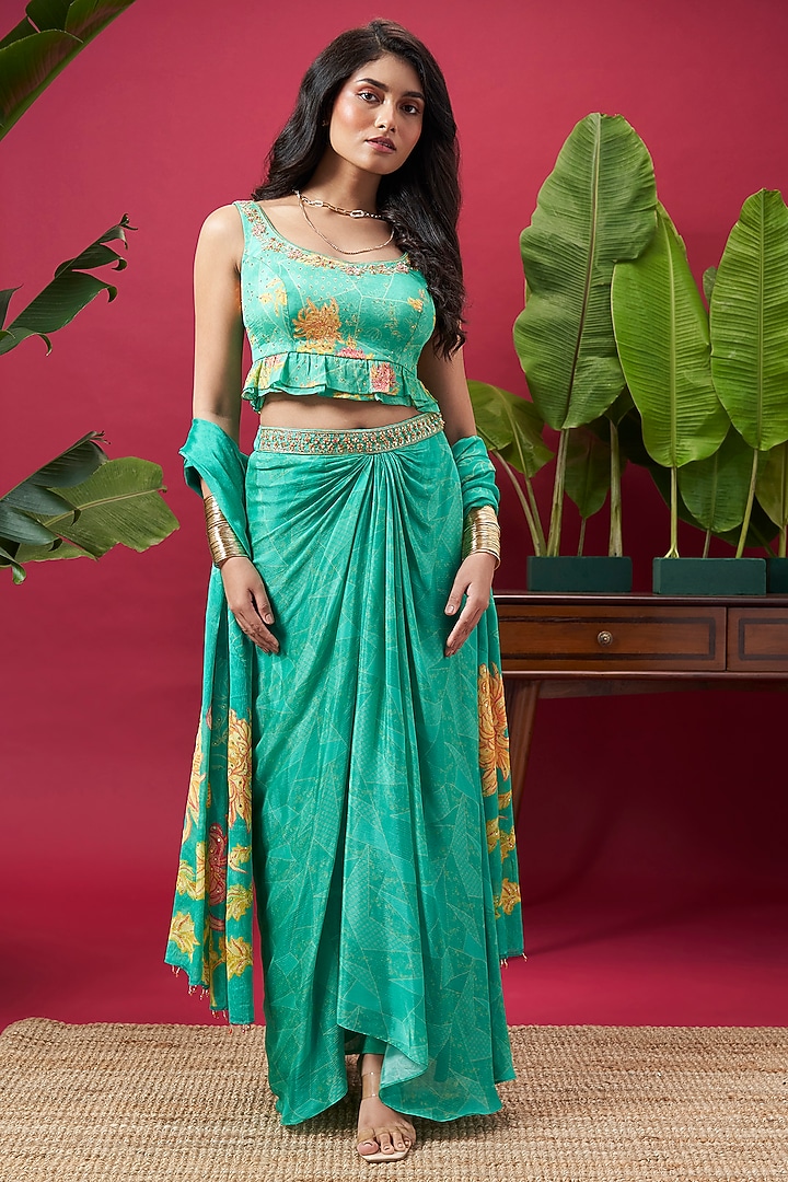 Turquoise Chinon Draped Skirt Set by Vidhi By A La Mode at Pernia's Pop Up Shop