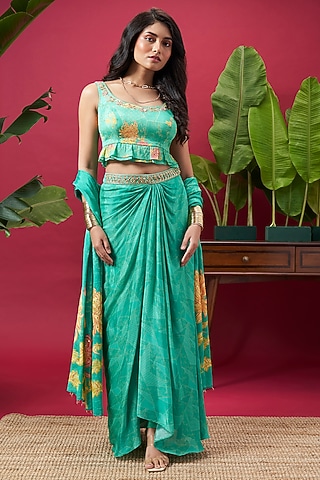 Turquoise Chinon Draped Skirt Set by Vidhi By A La Mode