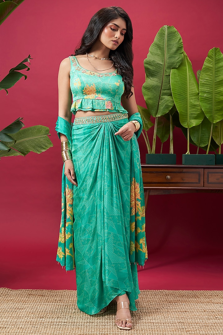 Turquoise Chinon Draped Skirt Set by Vidhi By A La Mode at Pernia's Pop Up Shop
