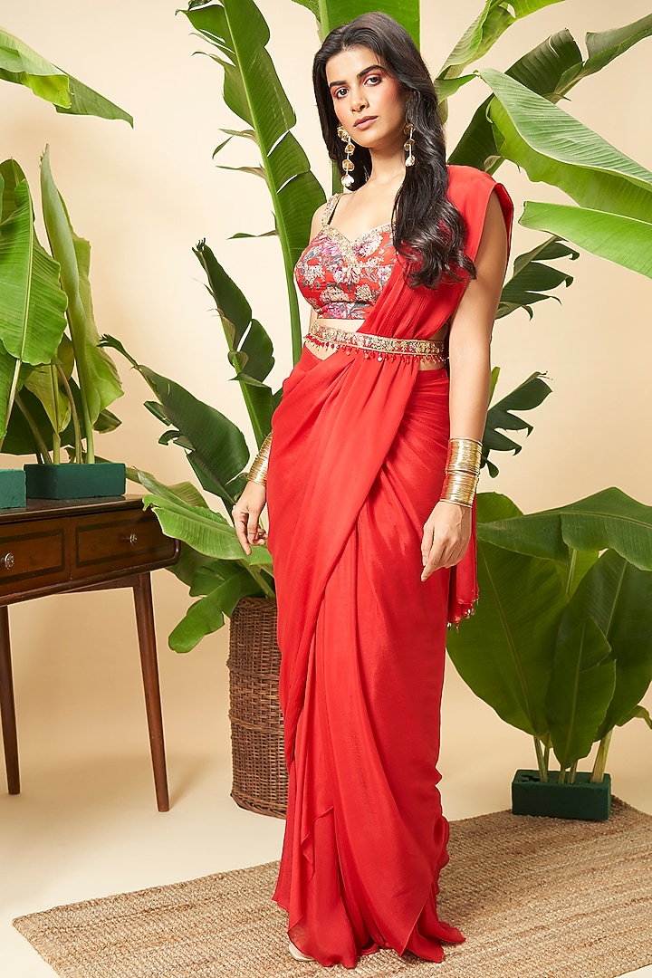 Red Chinon Floral Embroidered Draped Party Wear Saree Set by Vidhi By A La Mode at Pernia's Pop Up Shop