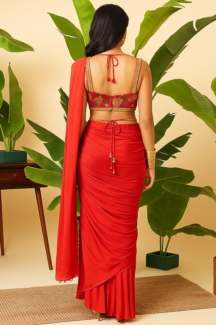 Red Chinon Floral Embroidered Draped Party Wear Saree Set by Vidhi By A La Mode at Pernia's Pop Up Shop
