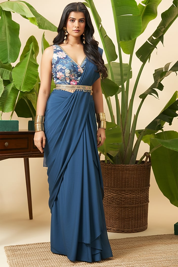 Sapphire Blue Chinon Floral Embroidered Draped Party Wear Saree Set by Vidhi By A La Mode at Pernia's Pop Up Shop