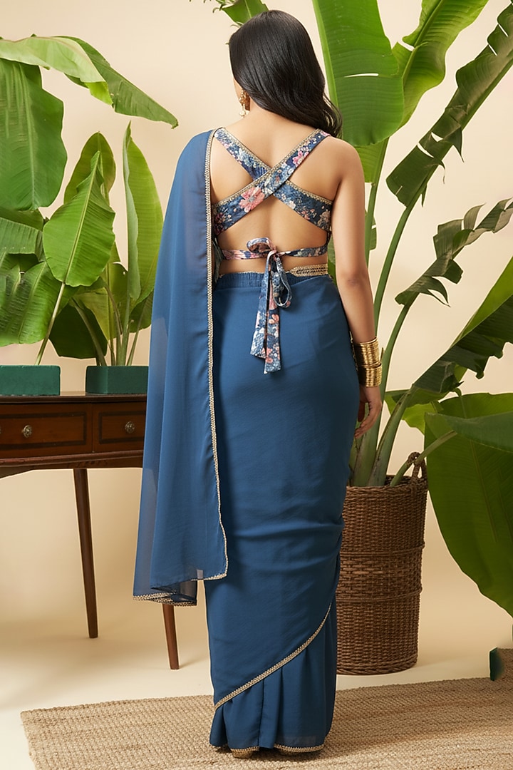 Sapphire Blue Chinon Floral Embroidered Draped Party Wear Saree Set by Vidhi By A La Mode at Pernia's Pop Up Shop