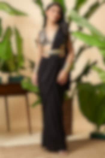 Black Chinon Embroidered Draped Party Wear Saree Set by Vidhi By A La Mode at Pernia's Pop Up Shop