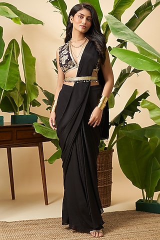 Black Chinon Embroidered Draped Saree Set by Vidhi By A La Mode
