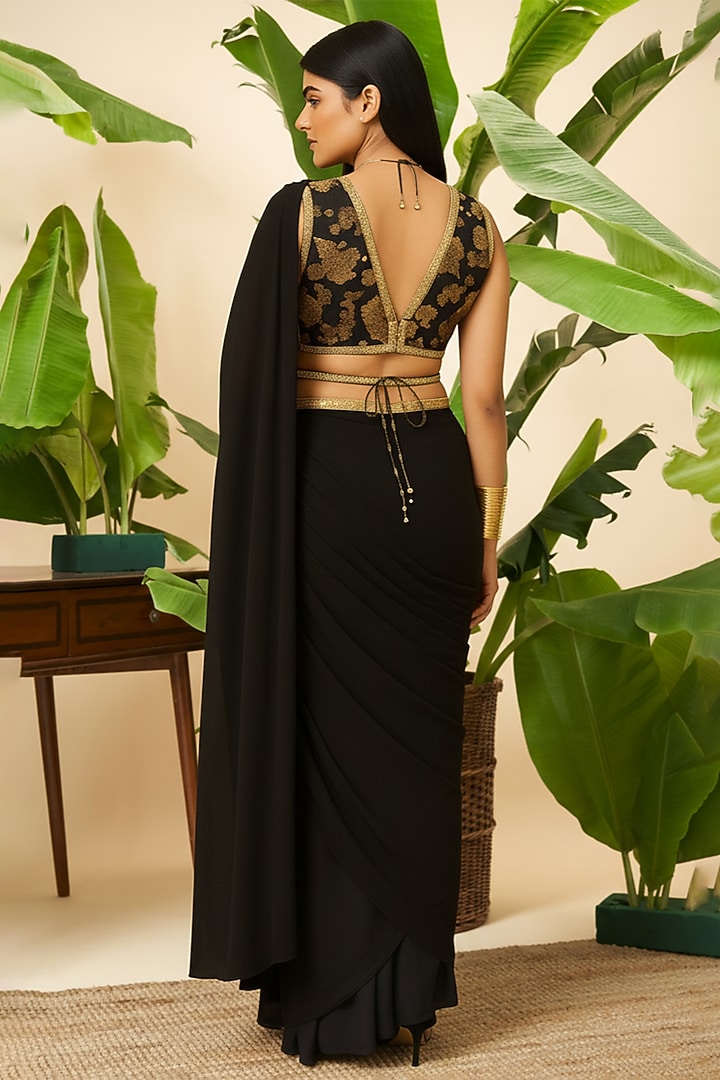 Black Chinon Embroidered Draped Party Wear Saree Set by Vidhi By A La Mode at Pernia's Pop Up Shop