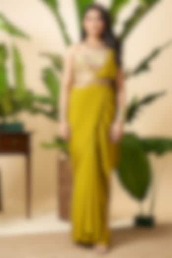 Green Chinon Floral Embroidered Draped Party Wear Saree Set by Vidhi By A La Mode at Pernia's Pop Up Shop