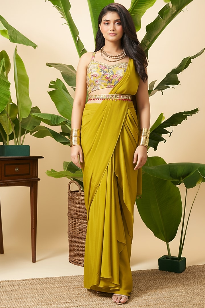Green Chinon Floral Embroidered Draped Party Wear Saree Set by Vidhi By A La Mode at Pernia's Pop Up Shop