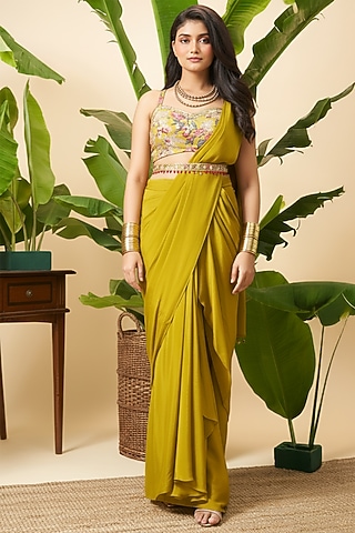 Green Chinon Floral Embroidered Draped Saree Set by Vidhi By A La Mode