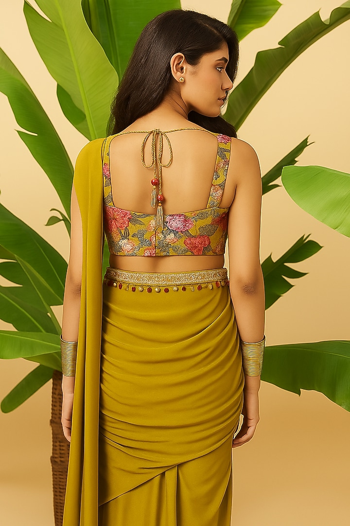 Green Chinon Floral Embroidered Draped Party Wear Saree Set by Vidhi By A La Mode at Pernia's Pop Up Shop
