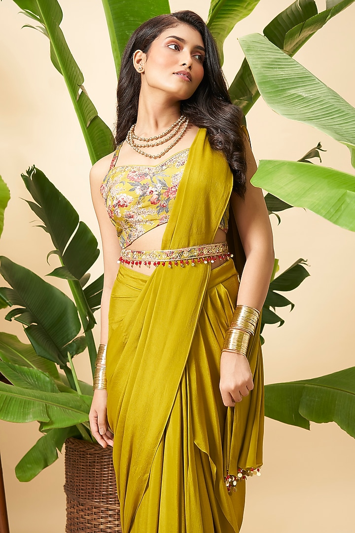 Green Chinon Floral Embroidered Draped Party Wear Saree Set by Vidhi By A La Mode at Pernia's Pop Up Shop