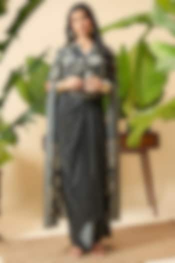 Charcoal Black Bemberg Crepe Front-Pleated Skirt Set by Vidhi By A La Mode at Pernia's Pop Up Shop