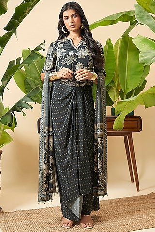 Charcoal Black Bemberg Crepe Front-Pleated Skirt Set by Vidhi By A La Mode